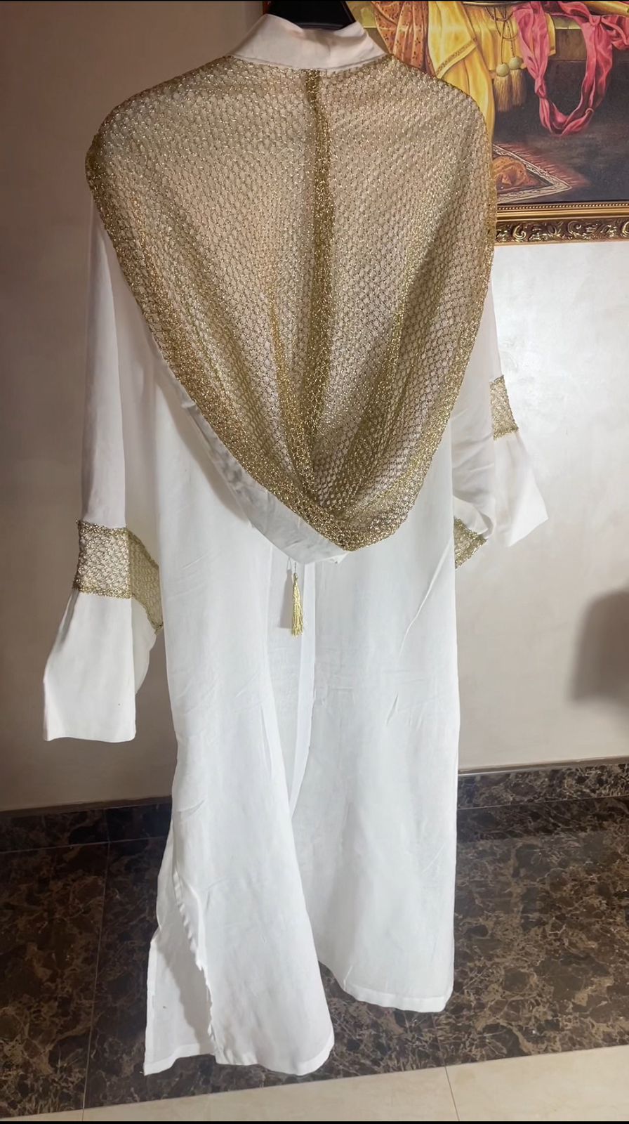 White Ketan Cardigan With Serma  كارديجان كتان ابيض نع سيرما ذهبي