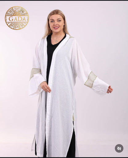 White Ketan Cardigan With Serma  كارديجان كتان ابيض نع سيرما ذهبي