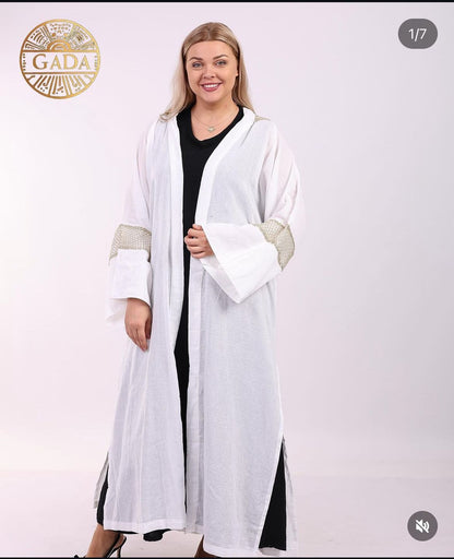 White Ketan Cardigan With Serma  كارديجان كتان ابيض نع سيرما ذهبي