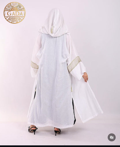 White Ketan Cardigan With Serma  كارديجان كتان ابيض نع سيرما ذهبي