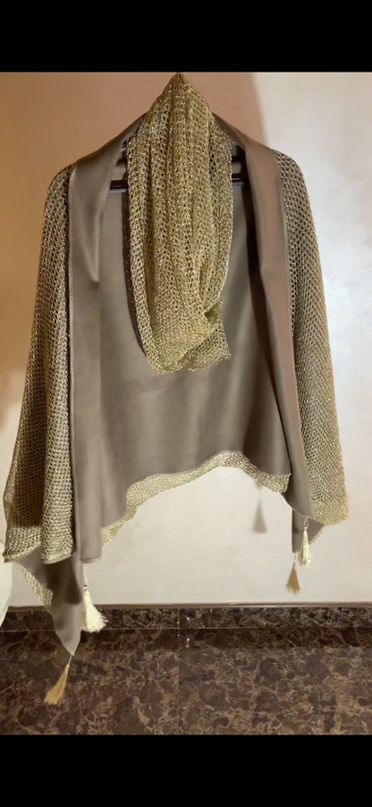 Beige Wool felt Shawl With Golde  Serma and Golden Tassels - شال جوخ بيج مع سيرما ذهبي و شراشيب ذهبي و سكارف سيرما