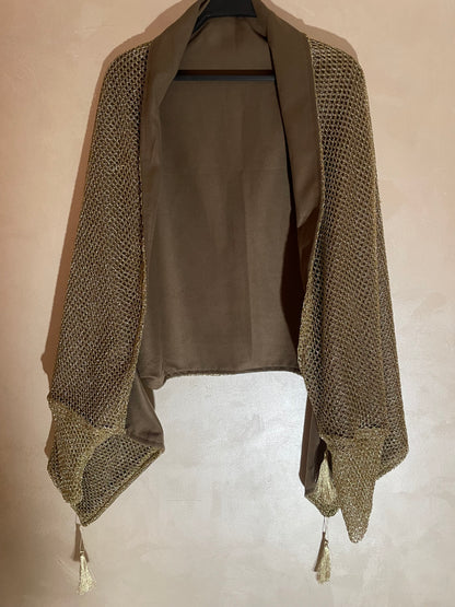 Beige Wool Felt Shawl With Golden Serma With Sleeve - شال كاب جوخ بيج مع سيرما ذهبي بكم