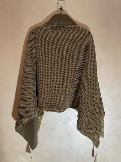 Beige Wool Felt Shawl With Golden Serma With Sleeve - شال كاب جوخ بيج مع سيرما ذهبي بكم